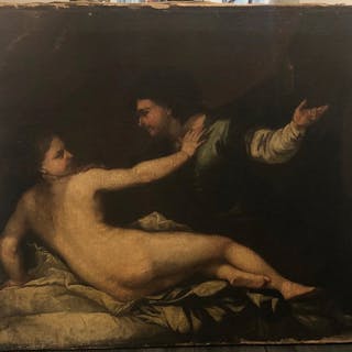 Caravaggio Style Italian Man and Woman Oil on Canvas Painting Early