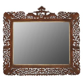 A CHINESE EXPORT CARVED AND PIERCED SANDALWOOD FRAME AND MIRROR 十九世紀 雕刻檀木框鏡子