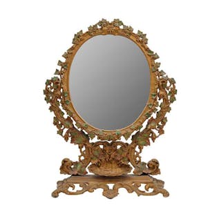 A PAINTED AND GILT CAST IRON SWING FRAMED TOILET MIRROR, LATE 19TH/EARLY
