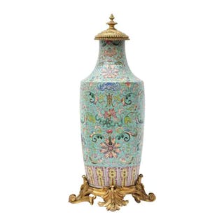 A CHINESE GILT-MOUNTED FAMILLE-ROSE TURQUOISE-GROUND 'LOTUS' VASE