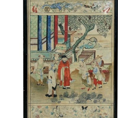 An Antique Chinese Painting On Silk Depicting Dignitaries On