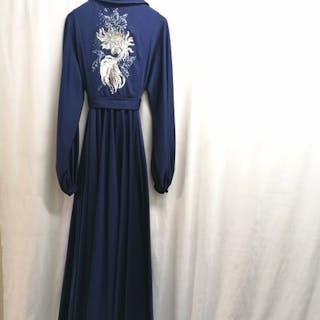 1970's navy blue Jean Varon long sleeve evening dress with s...