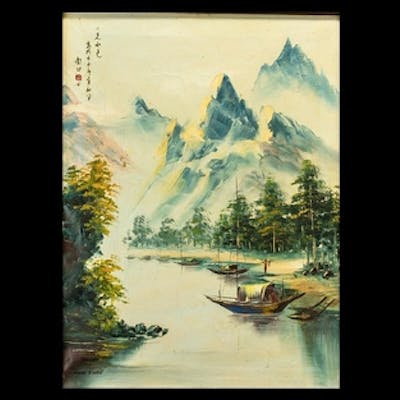 Chinese Oil Painting On Canvas Depicting A River Landscape