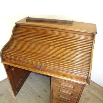 Edwardian Oak Single Pedestal Roll Top Desk Width 105cm Barnebys