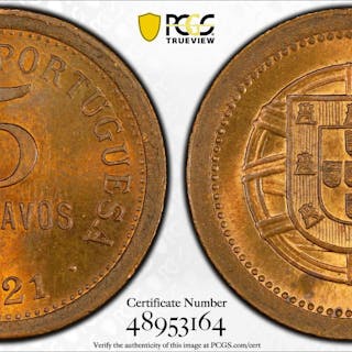 PORTUGAL: Republic, AE 5 centavos, 1921, PCGS MS65 RB