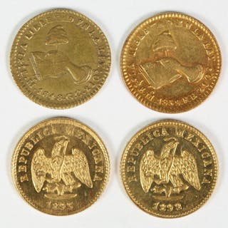 Four Mexican Gold Coins 1/2 Scudo and 1 Peso 1848-1893 C02