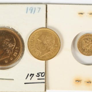 Three 1917/20 Mexican 10, 5, and 1 Pesos Gold Coins C02