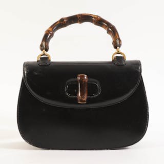 Gucci Vintage Black Leather Purse with Bamboo Handle, late 1970 to