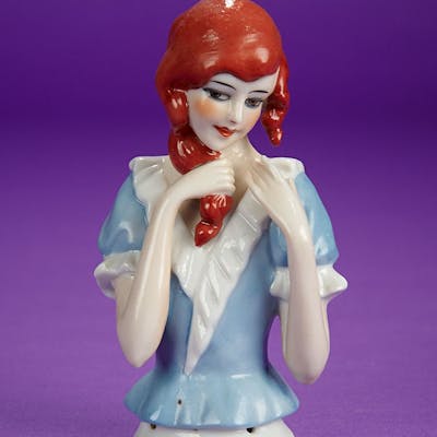 German Porcelain Half Doll Demure Coquette With Rare Red Hair