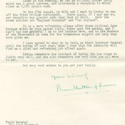 India Mountbatten And Independence Day Typed Letter Signed By Lord Barnebys