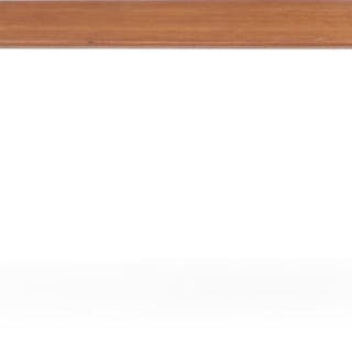 Arne Jacobsen: Table with steel legs. Teak top and rosewood "shoes".