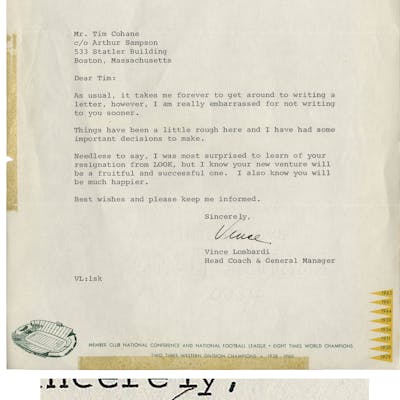 Vince Lombardi Letter Signed From 1965 As Coach Of The Green Bay Packers Barnebys
