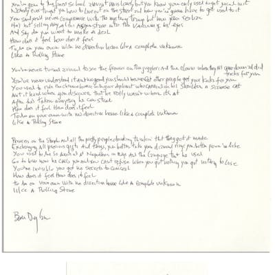 Bob Dylan Signed Handwritten Lyrics To Like A Rolling Bob Dylan Signed Handwritten Lyrics To Like A Rolling