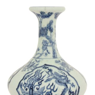 Chinese Qing Dynasty Blue & White Porcelain Flared Vase with Dragon