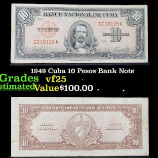 1949 Cuba 10 Pesos Bank Note Grades vf+