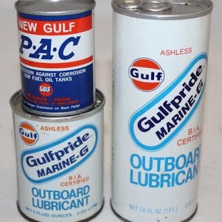 Group of 3 Gulf Gulfpride Marine G Outboard Motor Oil Cans and PAC