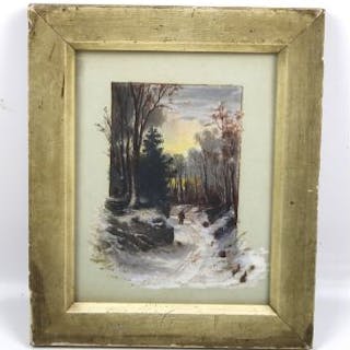 A 20th century oil on board. Depicting a snowy forest scene featuring