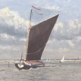 TBV. MJ Walton (British, 20th century), oil on board sailing barge.