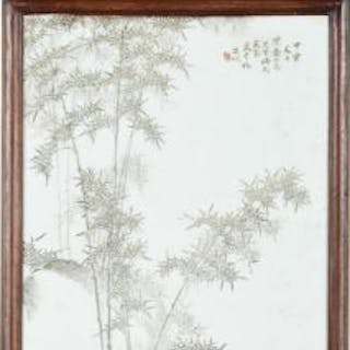 A Chinese porcelain painted plaque of bamboo