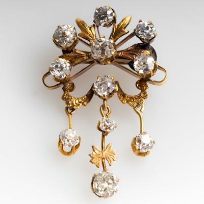 Antique Victorian Era Old Mine Cut Diamond Brooch Pin 14k Gold
