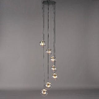 Seven-pendant ceiling lamp in chrome-plated aluminium and glass in