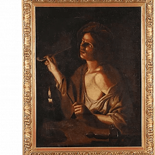Young man lighting a pipe, oil on canvas, 18th century