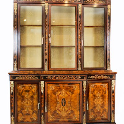 Antique Victorian Burr Walnut Marquetry Bookcase Display Cabinet