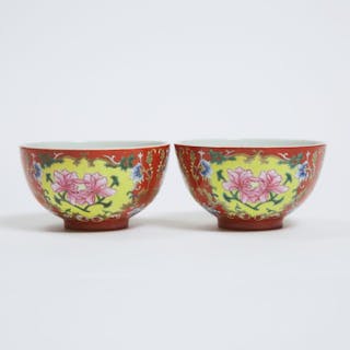 A Pair of Coral Ground Famille Rose 'Floral' Bowls, Daoguang Mark