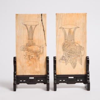Two Ivory Table Screens, Kangxi Period (1662-1722) - 清 康熙 牙雕诗文博古图砚屏一对带紫檀座