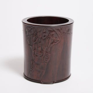 A Carved Zitan Brush Pot, 19th Century - 清 十九世纪 紫檀诗文笔筒