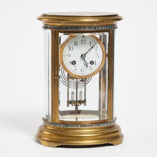 Champlevé Enamelled Oval 'Crystal Regulator' Mantle Clock, Duvernet