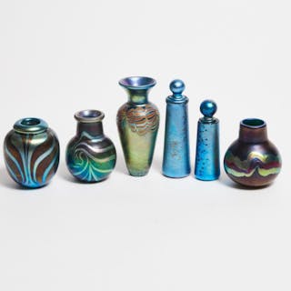 Four Peiser Studio Iridescent Glass Miniature Vases and Two Scent