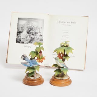 Pair of Royal Worcester ‘Cerulean Warbler and Maple’ Bird Models